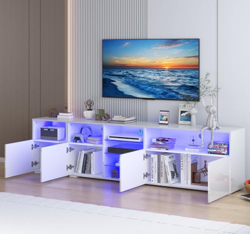 jiteentarou 79IN LED TV Stand for 75/80/85inch TV,High Glossy Modern TV Stand for Living Room,TV Entertainment Center with Adjustable Storage Shelf,RGB LED Lighting,TV Console(White) - color: White