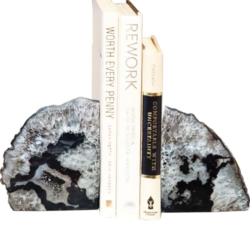 AMOYSTONE Agate Bookends Black Geode Book Ends Heavy Duty Bookend Holder Decorative with Rubber Bumpers Small(1 Pair, 2-3 LBS) - color: Natural Black, size: 2-3LBS