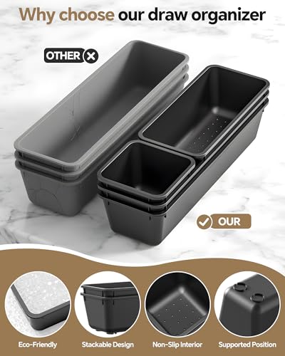 Canfanni 13 Pack Plastic Drawer Organizers Set, 3 Sizes Desk Drawer Organizer Trays for Vanity and Makeup Organizer, Organization and Storage for Makeup, Kitchen Utensils, Bathroom and Office(Black) - color: Black