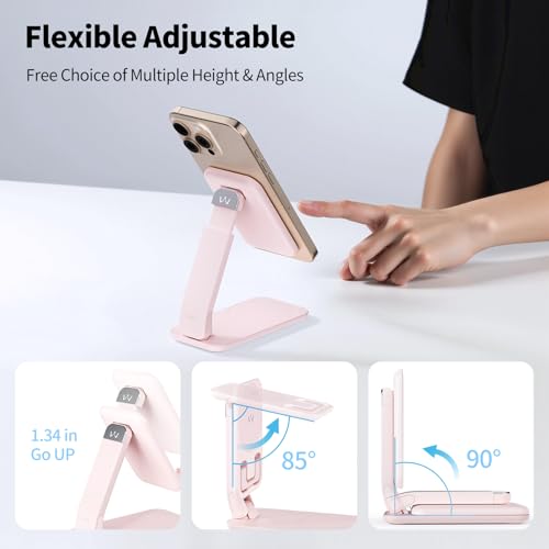 iWALK Magnetic Cell Phone Stand for Desk, Angle and Height Adjustable Mobile Phone Holder, Foldable Magnet Stand for iPhone 17 16 15 14 13 12 Pro Max and iPad, Cell Phone Holder for Samsung, Pink - color: Pink