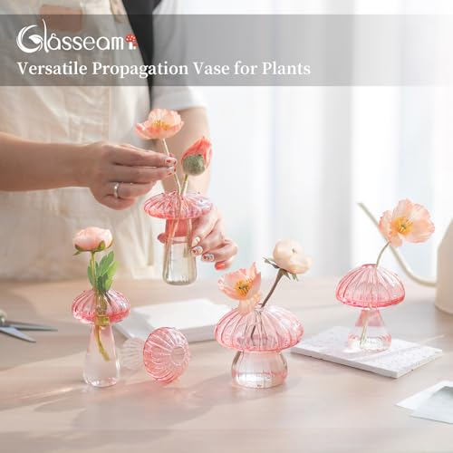 Glasseam Mushroom Plant Propagation Stations: Pink Glass Terrarium Jar Set of 10 Cute Planters for Indoor Plants Mini Propagate Station Unique Christmas Birthday Gifts for Women Home Office Decor - color: Pink, size: 10