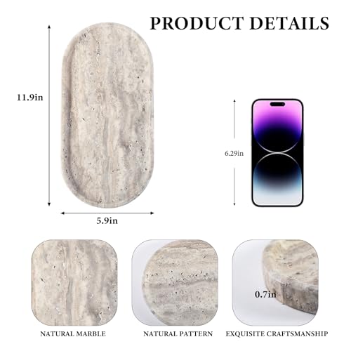 Koville Natural Travertine Tray for Bathroom Countertop, 12"x6" Vanity Decorative Marble Tray for Perfume, Candles, Jewelry, Stone Catchall Trays Jewelry Dish, Silver Stone Trays for Kitchen Counter - color: Travertine Silver, size: 12" x 6" x 0.7"
