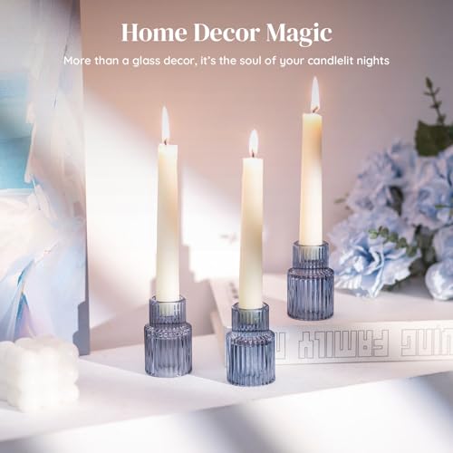 Glasseam Candle Sticks Holder Decor: 2 Pcs Ribbed Glass Blue Candlesticks Holders Modern Fluted Taper Candle Holders for Table Centerpiece Wedding Decorations Dinner Party Home Decor - color: Blue