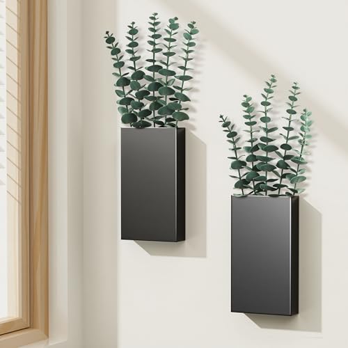 2 Pack Metal Wall Planter Vases Decor with Artificial Eucalyptus, Modern Farmhouse Rustic Hanging Pocket Planters for Indoor Greenery and Flowers, Living Room Bedroom Kitchen Decoration, Black - color: Black