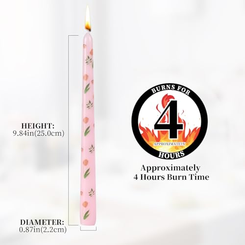 Taper Candles,10 inch 2pc Pink Tapered Candles with Tulip Printed, Unscented and Smokeless Long Burning Candles,Tall Candlesticks with Cotton Wicks,Ideal for Weddings, Home Décor - style: Tulip