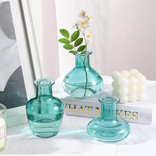 Blue Gradient Glass Bud Vase, 10Pcs/Set Modern Decorative Small Mini Flowers Vases, Minimalist Aesthetic Home Decor Vintage Wedding Table Centerpieces for Single Flower Rose - color: Blue Gradient