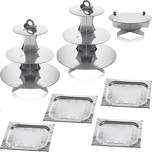 Zopeal 7 Pcs Dessert Table Display Set 3-Tier Cupcake Stand 1-Tier Cup Cake Display Tower Platters and Serving Trays Cardboard Cake Cookie Holders for Wedding Birthday Party Baby Shower(Silver) - color: Silver