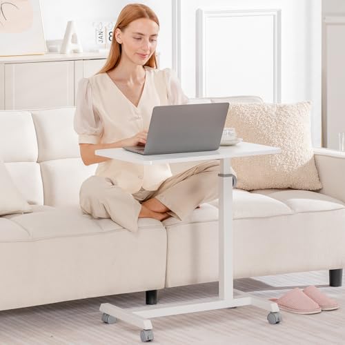 GTPLAYER Mobile Small Standing Desk, Sit Stand Portable Rolling Laptop Desk with Lockable Wheels, Adjustable Height Overbed Bedside Table Computer Workstations, White - size: 24x16in (Non-Tiltable)