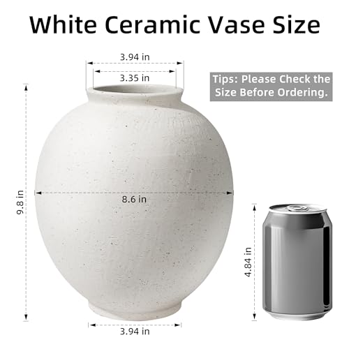 Starttag Large White Ceramic Vase, 9.8 inch Rustic Farmhouse Flowers Vase for Home Decor, Sandstone Texture Round Pottery Tall Vase Indoor for Table Living Room Decor - color: White