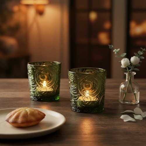 12 Pack Patented Sun Moon Star Embossed Glass Tea Light Candle Holders - Unique Votive Candle Holders for Wedding, Party, and Table Centerpieces (Moss Green) - color: Moss Green