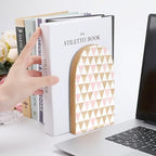 Wooden Bookends 2 Pcs,Abstract Gold and Pink Triangles Heavy Duty Office Book Ends Anti Slip Book Shelf Holder with Metal Base Decorative Book Stands - color: Abstract Gold and Pink Triangles