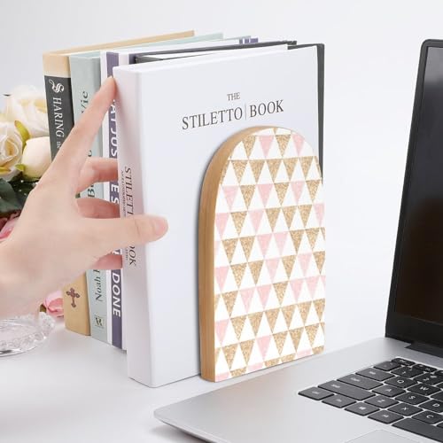 Wooden Bookends 2 Pcs,Abstract Gold and Pink Triangles Heavy Duty Office Book Ends Anti Slip Book Shelf Holder with Metal Base Decorative Book Stands - color: Abstract Gold and Pink Triangles