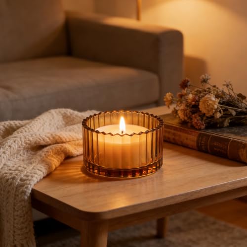 Glass Candle Holder Dish – Amber Glass Candle Holder with Striped Design for Home Decor,Snack Jewelry Holde Dish Accessories Updated Style Brown - color: Brown
