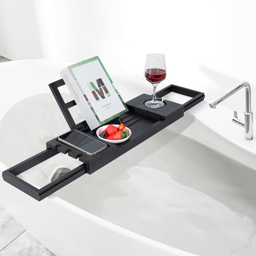 Utoplike Bamboo Bathtub Tray Black, Adjustable Bath Caddy Table for Tub, Bathroom Organizer with Book Tablet Wine Glass Cup Towel Holder - color: 19.8-33.5 in Black