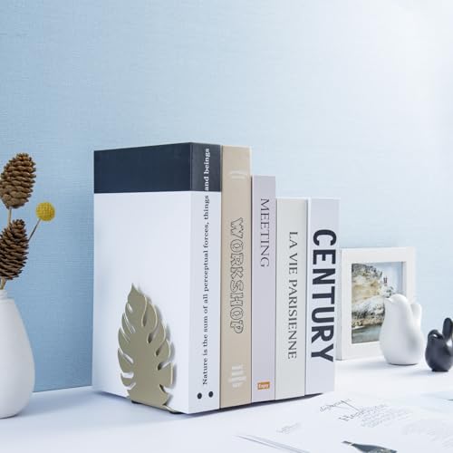 MyGift Brass Tone Monstera Leaf Decorative Bookends Set, Metal Book Ends for Shelves, Bookshelf & Office Decor, Tropical Plant Inspired Home Accessories, 1 Pair