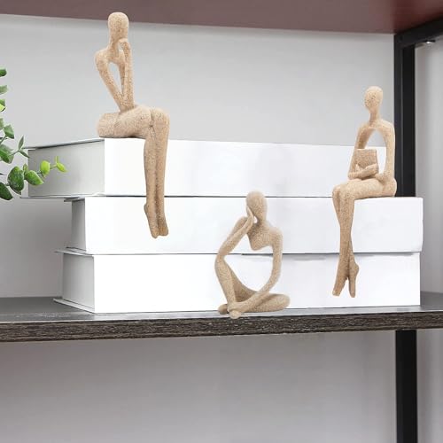 Gold Home Decor Thinker Statue Accents, Set of 3 Thinker Sculptures Office Decor Modern Abstract Resin Decoration on Shelf Table Desk for Living Room Office Bedroom Bookshelf Decor (Small Sandstone) - color: Sandstone, size: Small