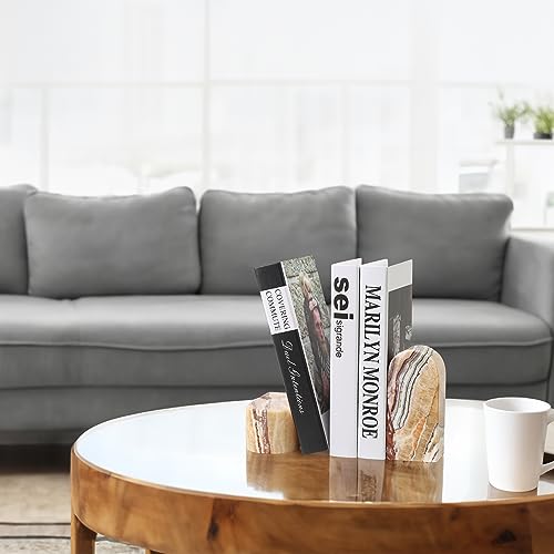 Koville Mexican Natural Marble Bookends for Shelves, Decorative Book Ends, 7lbs Heavy-Duty Marble Book Holders, Bookshelf Apartment Decor for Normal Books/CD/Video Games(Mexico Onyx) - color: Orange Onyx-mexico Onyx, size: 7lb