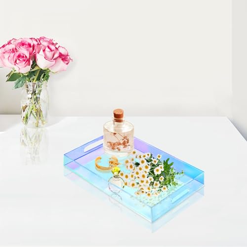 SetGame Acrylic Serving Tray with Handles, Bathroom Desktop Decorative Storage Arylic Trays, Simple Vanity Tray Food Tea Fruit Dinner Snack Tray for Bar Kitchen Party - color: Iridescent