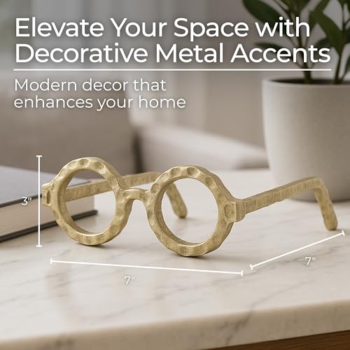 Round Glasses Decorative Object – Aluminum Sculpture Modern Home Decor Ornament – Shelf Styling & Coffee Table Decor for Bathroom, Office & Living Room – 7"x3", Gold - color: Gold Round
