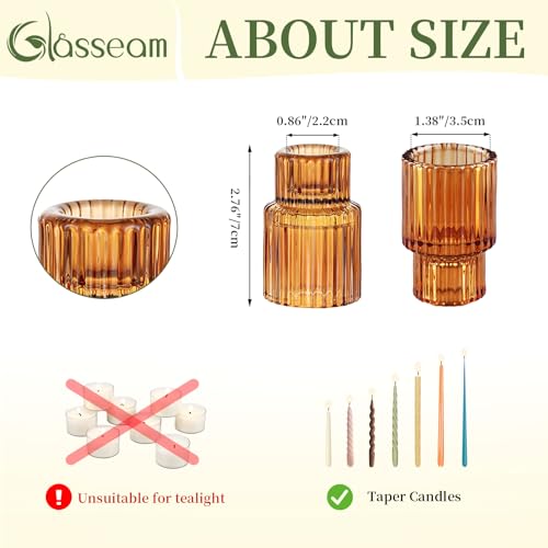 Glasseam Glass Tapered Candlestick Holders: Amber Ribbed Set of 2 for Table Centerpiece, Fall Decor, Christmas Party, Halloween, Thanksgiving - color: Amber