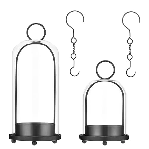 Hurricane Candle Holders Set of 2, 5" & 4" Metal and Glass Candle Lantern with Clear Dome for Pillar Candle, Wedding & Christmas Table Centerpiece, Farmhouse Home Decor (Black, Large & Small) - color: Black