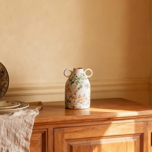 Vintage Green Floral Ceramic Vase with Handles – French Country Crackle Glaze Jug Flower Vase for Farmhouse Kitchen, Entryway Table, or Living Room Decor (Green Floral) - color: Green Floral