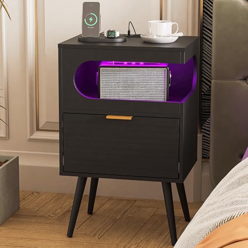 Veegle Nightstand,Modern Bedside Table with Storage Drawer and Open Wood Shelf, Accent Night Stand with Solid Wood Legs for Living Room, Bedroom and Small Spaces,Easy Assembly (Black) - color: Black