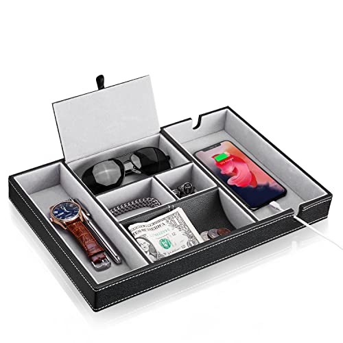 Baoyun Nightstand Organizer Tray,Leather Valet Tray for Men,EDC Catchall with Phone Charging Station,Dresser Top Organizer, 6 Compartments Entryway Box for Wallet, Keys, (Black) - color: Black