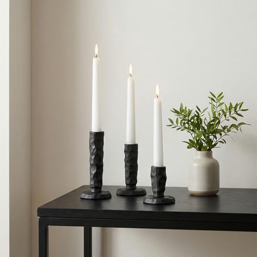 Sziqiqi Black Iron Candlstick Holders: Cast Iron Taper Candle Holder for Candlesticks - Hammered Short Candleholder Set of 3 for Dining Table Mantle Fireplace