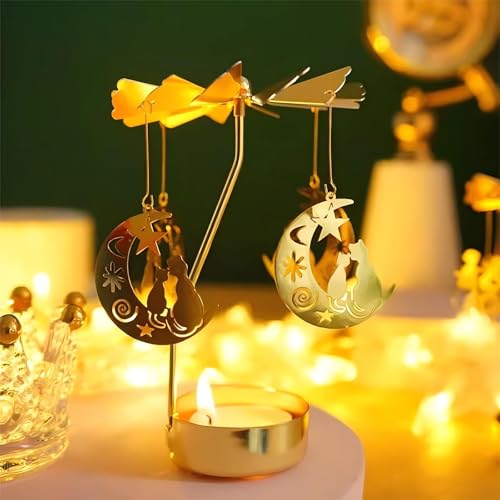 Self Rotary Candle Holder Holder, Metal Spinning Tea Light Holders Automatic Rotating, Romantic Aroma Tea Candle Round Holder, Unicorn, Snowflower, Kids, Leather Candle Holder(Moon Cat) - color: Moon Cat