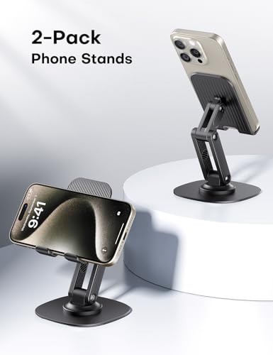 OMOTON Cell Phone Stand for Desk, 2 Pack Adjustable Foldable Phone Holder, 360 Swivel Mobile Stand Fit for iPhone 17 16 15 14 13 Pro Max and All Smart Phones, Black & Black - color: Black & Black