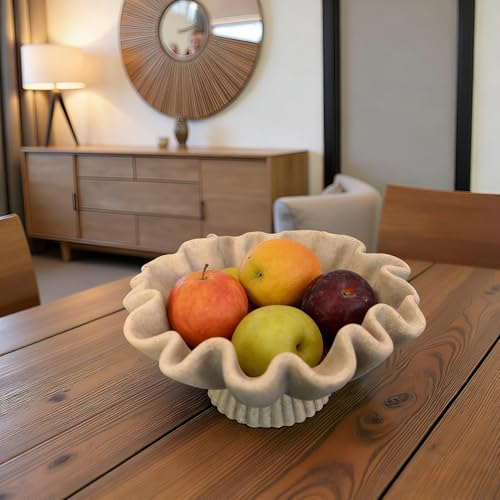 10" Large Handmade Decorative Bowl decor , Handicraft Scalloped Bowls for Modern Home Decor,Ruffle Decor,Key Bowl for Entry Table,Decorative Fruit Bowl for Kitchen Counter,Artificial Stone Beige - color: Beige-With base, size: 10inch