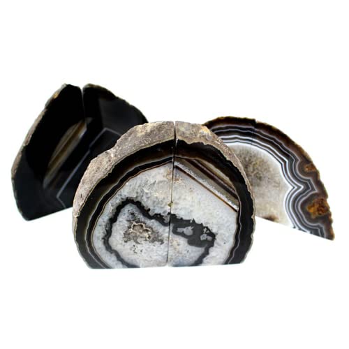 JIC Gem Agate Bookend(s) Black Bookshelf Decor geode bookends 1 Pair 3to 4 Lbs from Brazilian with Rubber Bumpers for Office and Home Decoration - color: Black Dyed, size: 3-4LBS.