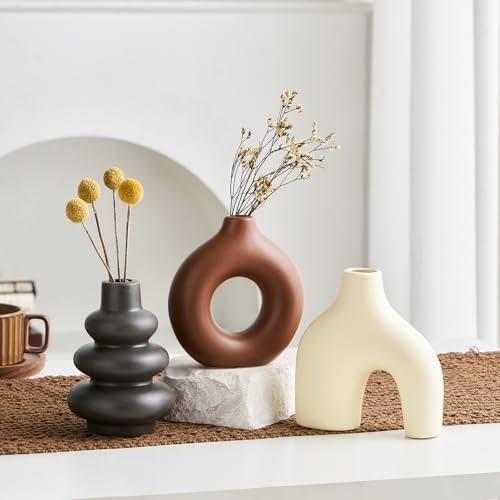 Ceramic Farmhouse Vase Set of 3, Rustic Centerpiece Vases for Fresh Dried Flowers Pampas Grass Bouquets, Boho Home Decor for Living Room Kitchen Entryway Table Mantel, Wedding Decor - color: Multicolor