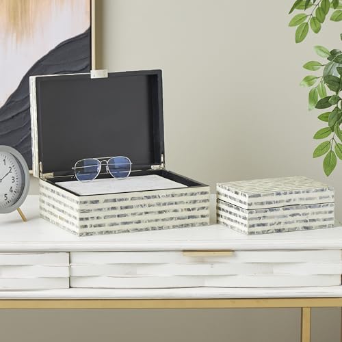 Deco 79 Mother of Pearl Shell Geometric Handmade Decorative Box Linear Mosaic Storage Decorative Keepsake Box with Cream Underlay, Set of 2 Storage Box 12", 8"W, Cream - color: Cream, size: 11.95", 8"W