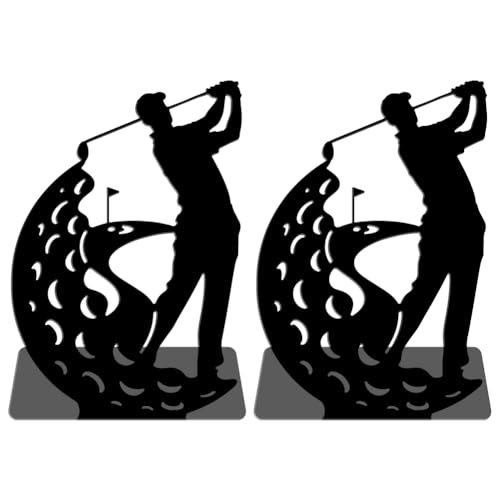 WADORN 1 Pair People Golf Metal Decorative Bookend for Shelves, Heavy Duty Book Ends Modern Non-Skid Books Holder Stand Black Book Support Stoppers for Desk Bookshelf Office Home, 5.3x4.3x7.9 Inches - color: People Golf