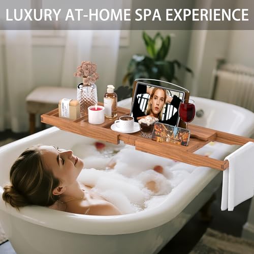 Premium Teak Bathtub Tray Caddy, Expandable Wooden Bath Tray for Tub,Luxury Bathroom Accessories,Great House Warming, Anniversary & Wedding and Birthday Gifts - color: Teak Wood