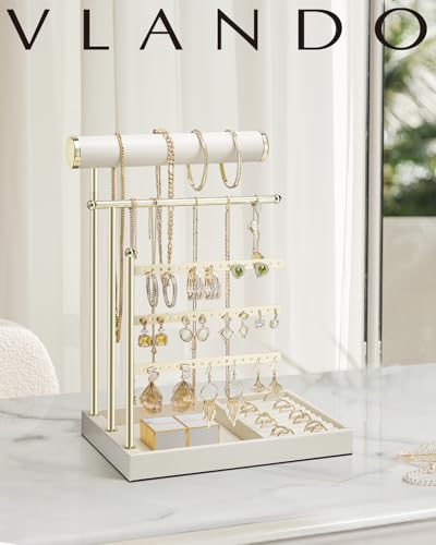 VLANDO Jewelry Stand Organizer with Ring Holder, Mothers Day Mom Gifts, Jewelry Holder Organizer with Tray, Necklace Holder Bracket Holder Earring Holder - Cloud White - color: Cloud White