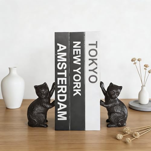 2Pcs Cats High-Five Decorative Bookends Antique Book End for Shelves Unique Cast Iron Book Stopper for Heavy Books Office Decor Modern Living Room Decor(Iron Cat) - color: Iron Cat 02