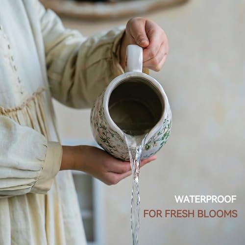 Ceramic Green and White Floral Vase with Handle, Rustic Farmhouse Pitcher Flower Vase, Chinoiserie Floral Vase for Home Decor, Living Room, Shelf, Office, Rustic Table Centerpiece 8 Inch - color: Green and White, size: Large Pitcher
