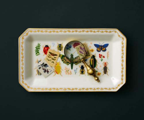RIFLE PAPER CO. Curio Large Catchall Tray - Porcelain Storage Tray, Colored Illustrations and Metallic Gold Accents, 10" L x 6" W x 1" H, Perfect for Trinkets, Keys, Mail, and Jewelry - color: Curio