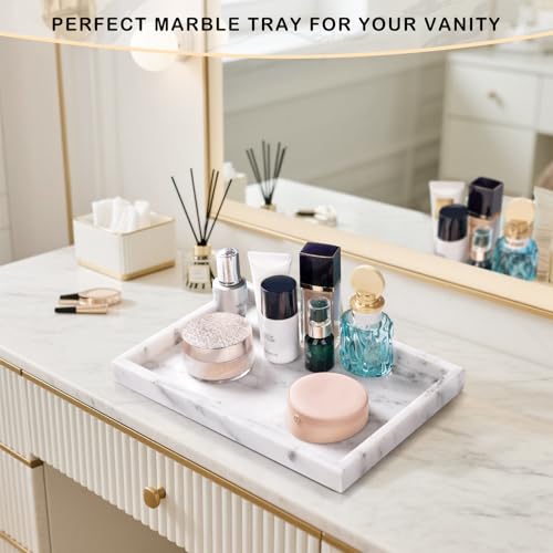 Bathroom Tray for Countertop, Marble Perfume Tray for Dresser Organizer, Marble Tray for Bathroom Counter & Home Decor, Natural Decorative Stone Vanity Trays, 12" x 8", Starry White - color: Starry White