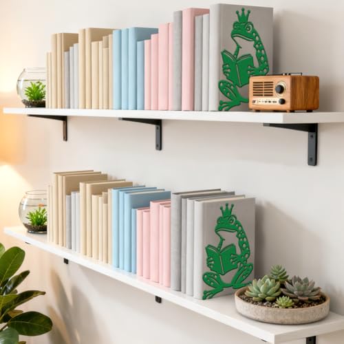 Peacoblue Metal Bookends for Shelves, Modern Decorative Heavy Duty Study Book Ends Stoppers for Office, Desk, Shelf, Room 5.3"x4.3"x7.9" Cast Iron Simple Tall Bookends 1 Pair (Reading Green Frog) - style: Reading Green Frog