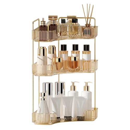 YCIA&DONE Corner Bathroom Counter Organizer, Makeup Organizer for Vanity, Skincare Cosmetic Perfume Tray, Corner Countertop Shelf Rack Storage for Bathroom Kitchen 3 Tiers (Amber Gold) - color: Yellow, size: 3-Tier