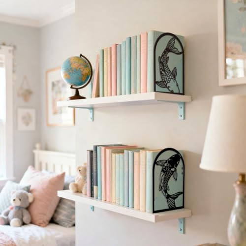 Peacoblue Metal Bookends for Shelves, Modern Decorative Heavy Duty Study Book Ends Stoppers for Office, Desk, Shelf, Room 5.3"x4.3"x7.9" Cast Iron Simple Bookends 1 Pair (Black and White Koi Fish) - style: Black and White Koi Fish