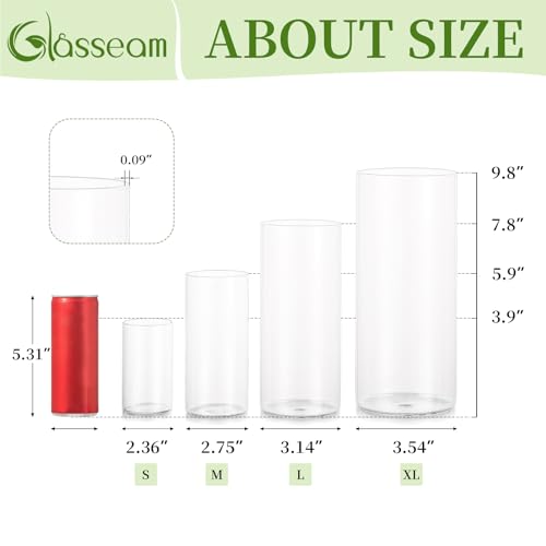 Glasseam Cylinder Glass Vases for Centerpieces: 12 Pack Clear Flower Vase Bulk 4" 6" 8" 10" Hurricane Floating Pillar Candle Holder - Modern Centerpiece for Wedding Dining Home Table Decor