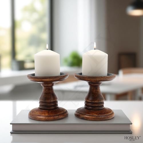 Hosley Set of 2 Brown Wood Pillar Candle Holders 5 Inch High Ideal Gift for Weddings Bridal Party Spa Reiki Meditation Votive LED Pillar Candle Gardens - color: Brown 3