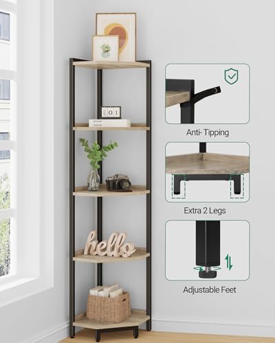Hzuaneri Corner Shelf Stand, Corner Bookshelf, Storage Standing Shelf Unit with Metal Frame, Plant Stand, Bookcase for Living Room, Home Office, Bedroom, 5-Tier Greige CS05905B - color: Greige, size: 5 Tier