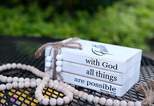 LIVDUCOT Farmhouse Wooden Decor Book Stack | Rustic Faux Book Stacks | With God All Things Are Possible Sign - color: Faith
