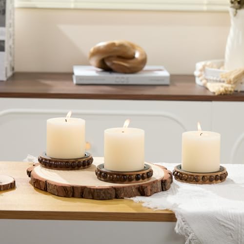 Wooden Candle Holders for Pillar Candles, Set of 3 Acacia Wood Beaded Plate with Metal Cup Inserts, 4 Inch Rustic Farmhouse Tray Stand for Fireplace Mantel, Table Centerpiece Decor - color: Acacia Wood